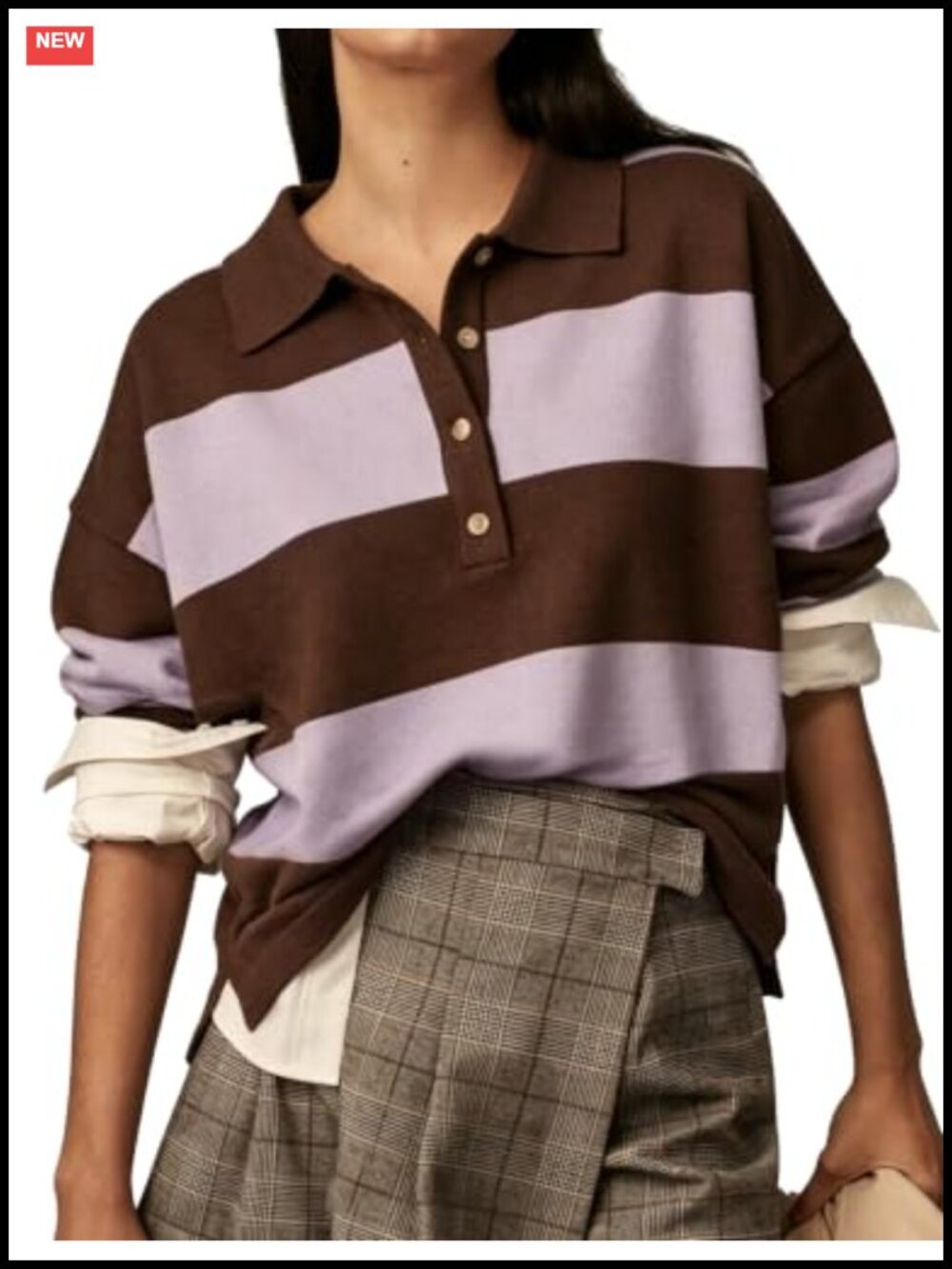 Women's Striped Rugby Polo Sweater with Collar, Fine-Knit Pullover (50%Viscose,3
